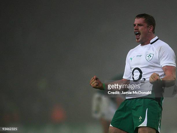 Jamie Heaslip of Ireland celebrates victory over South Africa at the close of the Guinness Series 2009 match between Ireland and South Africa at...
