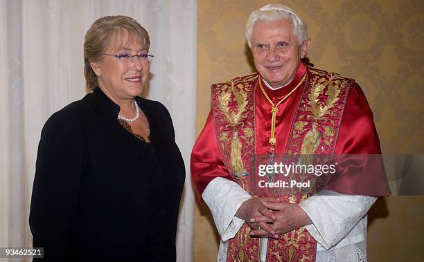 Pope Benedict XVI receives Chile's President Michelle Bachele on November 28, 2009 in Vatican City, Vatican. The Pope held audience with the...