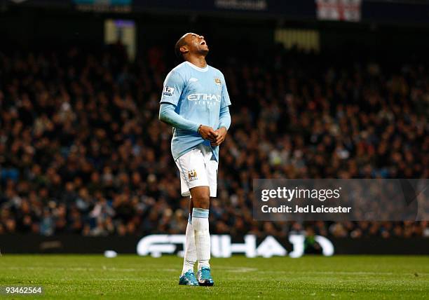 Robinho of Manchester City shouts after missing a golden chance on goal during the Barclays Premier League match between Manchester City and Hull...