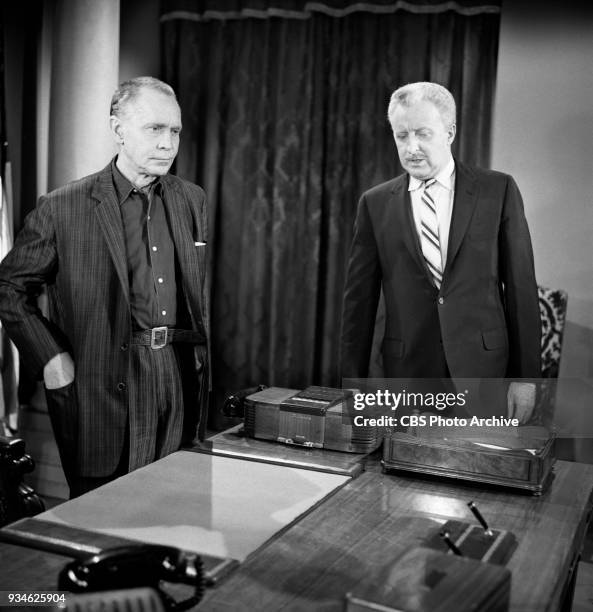 Television program Playhouse 90. Episode: The Hidden Image. New York, NY. Pictured from left is Franchot Tone and actor, David White. Image dated...