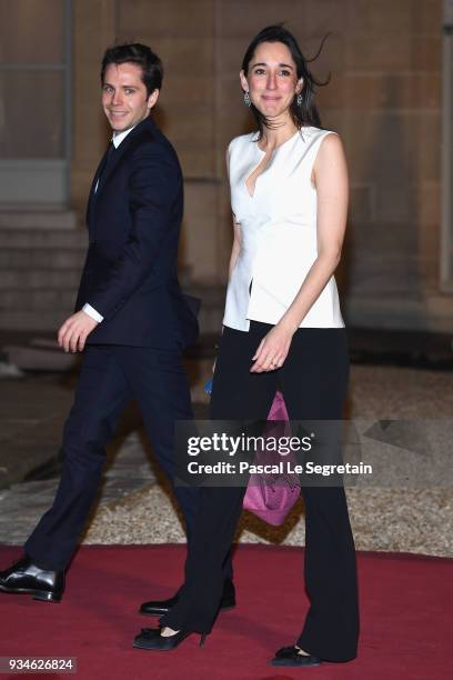 French Politician, Brune Poirson and a guest attend a State dinner hosted by French President Emmanuel Macron and Brigitte Macron at the Elysee...