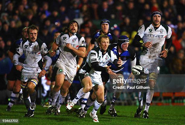 Paul Hodgson of London Irish releases the ball during the Guinness Premiership match between Bath Rugby and London Irish at The Recreation Ground on...