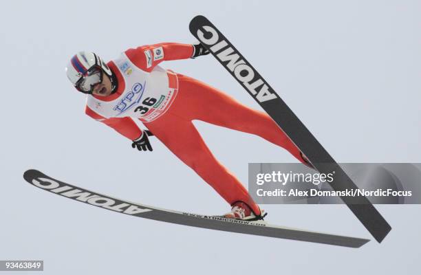 Daito Takahashi of Japan competes in the Ski Jumping Gundersen event during day one of the FIS Nordic Combined World Cup on November 28, 2009 in...