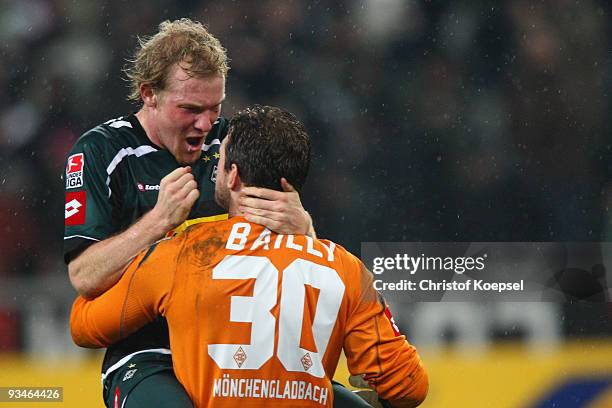 Logan Bailly of Gladbach celebrates the 1-0 victory with Tobias Levels after during the Bundesliga match between Borussia Moenchengladbach and FC...