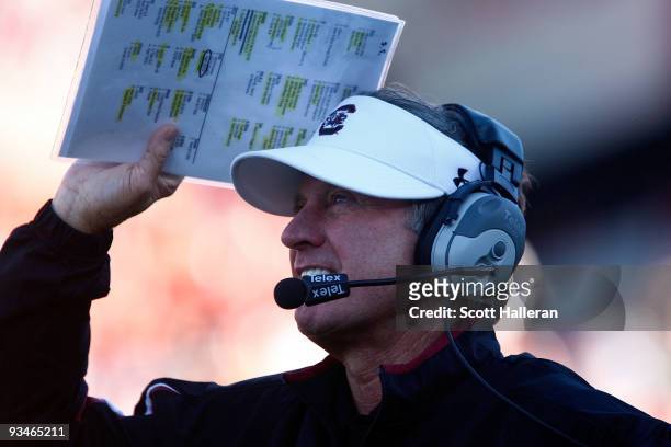 South Carolina Gamecocks Head Coach Steve Spurrier walks the sideline against the Clemson Tigers at Williams-Brice Stadium on November 28, 2009 in...