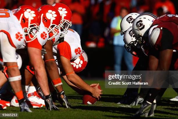 The Clemson Tigers line up for a play late in the second half during the game against the South Carolina Gamecocks at Williams-Brice Stadium on...