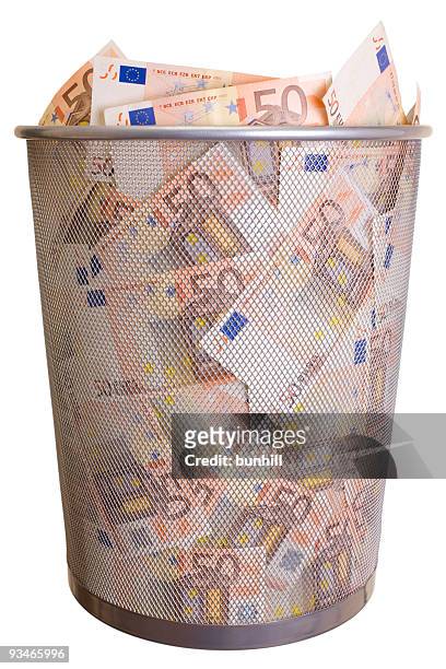 euro € trash bin - eu euro economy trashcan concept - euros and trash stock pictures, royalty-free photos & images