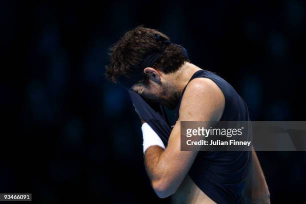 Juan Martin Del Potro of Argentina reacts during the men's singles semi final match against Robin Soderling of Swedenduring the Barclays ATP World...