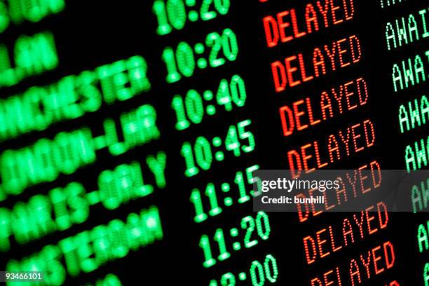 flight delays - delayed departures / arrivals screen - flyby stock pictures, royalty-free photos & images