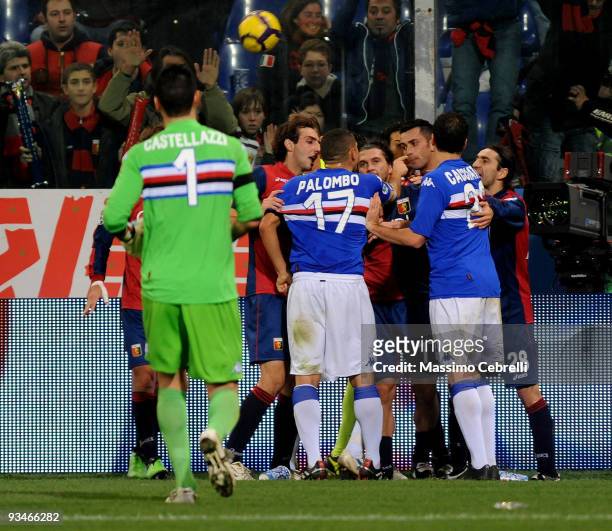 Angelo Palombo and Fabrizio Cacciatore of Sampdoria argue with Omar Milanetto, Ivan Juric and Genoa players after Genoa's third goal is scored during...