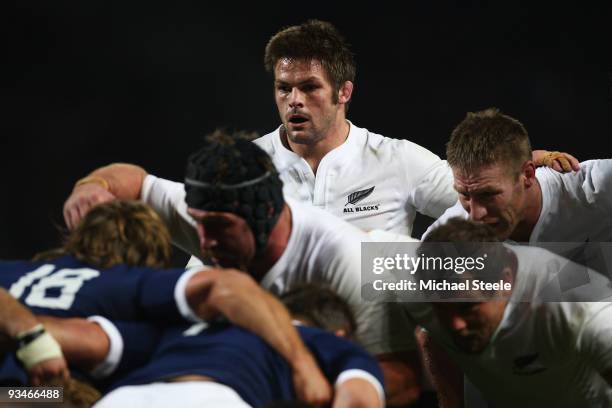 Richie McCaw the captain of New Zealand looks on at a scrum during the France v New Zealand International match at the Stade Velodrome on November...