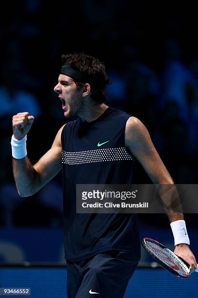 Juan Martin Del Potro of Argentina celebrates a point during the men's singles semi final match against Robin Soderling of Swedenduring the Barclays...
