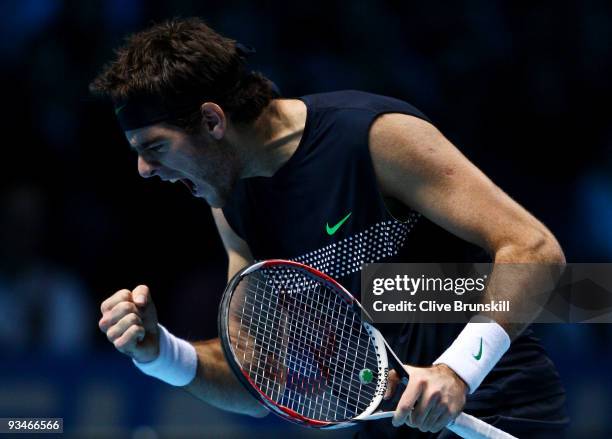 Juan Martin Del Potro of Argentina celebrates a point during the men's singles semi final match against Robin Soderling of Swedenduring the Barclays...