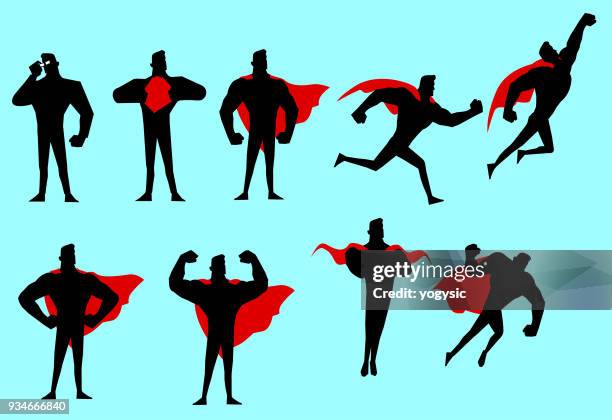 ilustrações de stock, clip art, desenhos animados e ícones de vector superhero silhouette set - musculado