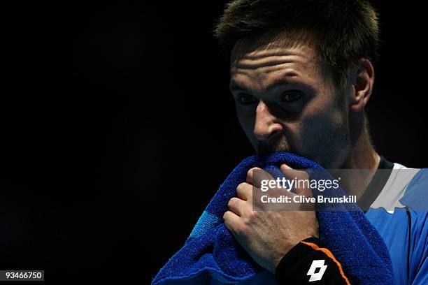 Robin Soderling of Sweden reacts during the men's singles semi final match against Juan Martin Del Potro of Argentina during the Barclays ATP World...