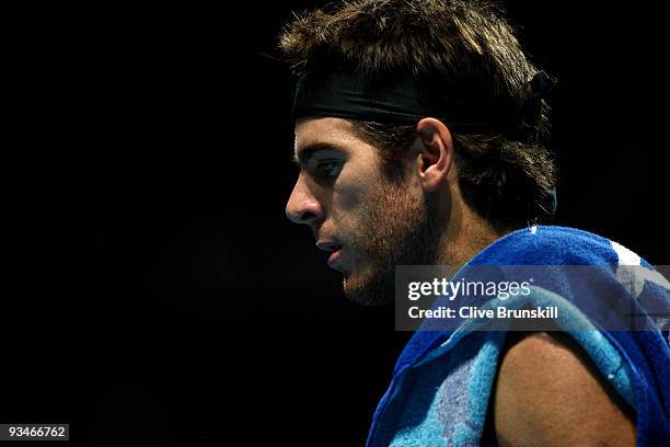 Juan Martin Del Potro of Argentina looks on during the men's singles semi final match against Robin Soderling of Swedenduring the Barclays ATP World...