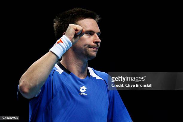 Robin Soderling of Sweden celebrates a point during the men's singles semi final match against Juan Martin Del Potro of Argentina during the Barclays...
