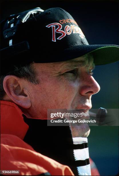 Head coach Sam Wyche of the Cincinnati Bengals looks on from the sideline during a National Football League game at Riverfront Stadium circa 1988 in...