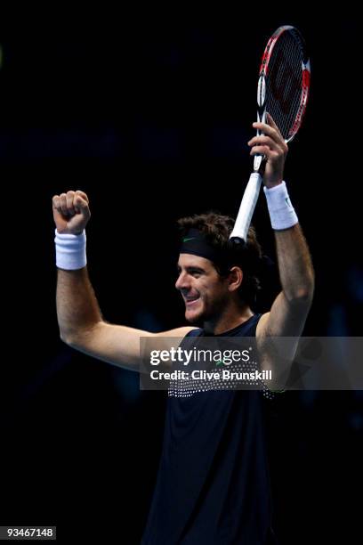 Juan Martin Del Potro of Argentina celebrates winning the match during the men's singles semi final match against Robin Soderling of Swedenduring the...