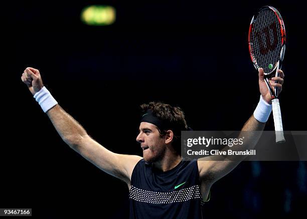 Juan Martin Del Potro of Argentina celebrates winning the match during the men's singles semi final match against Robin Soderling of Swedenduring the...