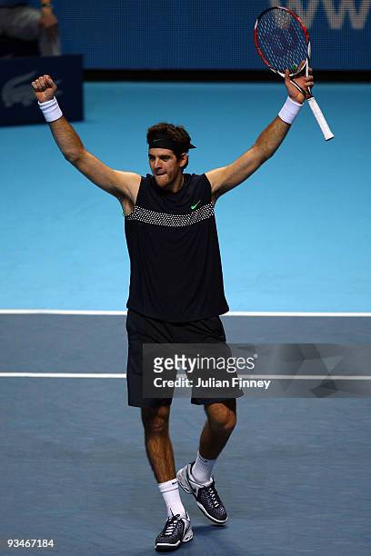 Juan Martin Del Potro of Argentina celebrates winning the match during the men's singles semi final match against Robin Soderling of Swedenduring the...