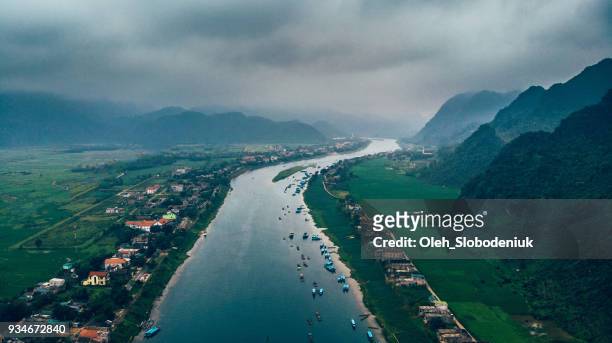 Aerial view of river in the mountains in Vietnam