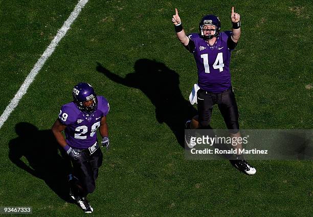 Quarterback Andy Dalton of the TCU Horned Frogs celebrates his touchdown against the New Mexico Lobos at Amon G. Carter Stadium on November 28, 2009...