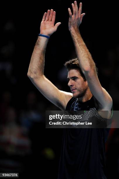 Juan Martin Del Potro of Argentina celebrates winning the match during the men's singles semi final match against Robin Soderling of Swedenduring the...