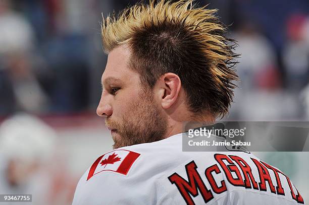 Brian McGrattan of the Calgary Flames takes the ice during warmups prior to their game against the Columbus Blue Jackets on November 28, 2009 at...