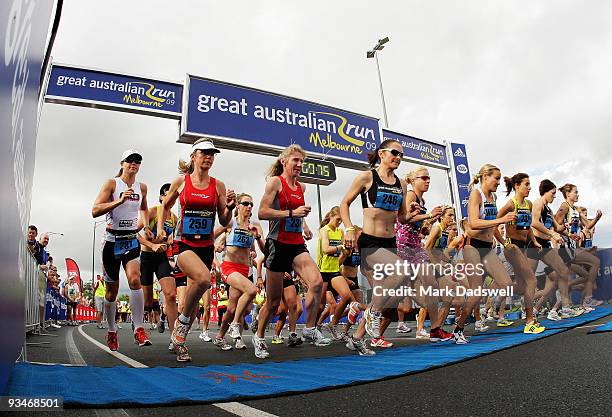 The Elite female athletes race away from the starting line during the Australian Road Running Championships and Great Australian Run at Albert Park...