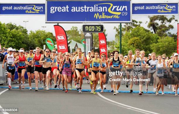 The Elite female athletes race away from the starting line during the Australian Road Running Championships and Great Australian Run at Albert Park...