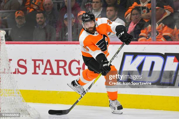 Philadelphia Flyers defenseman Radko Gudas looks to pass during the NHL game between the Columbus Blue Jackets and the Philadelphia Flyers on March...