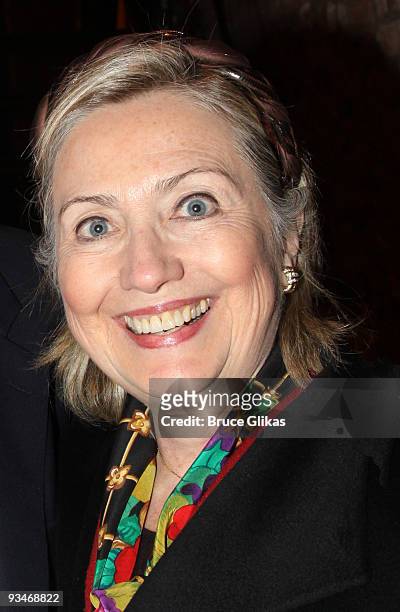 Hillary Clinton poses backstage at "39 Steps" on Broadway at The Helen Hayes Theater on November 28, 2009 in New York City.