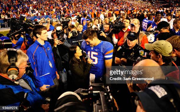 Tim Tebow of the Florida Gators speaks to the media following the game against the Florida State Seminoles at Ben Hill Griffin Stadium on November...