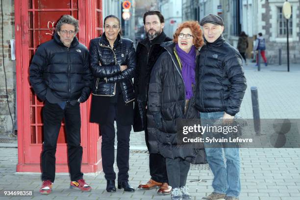Members of documentary jury Nils Tavernier, Fabienne Godet, Sagamore Stevenin, Andrea Ferreol, Karim Dridi pose during Valenciennes Film festival Day...