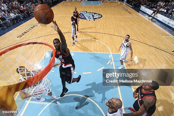 Greg Oden of the Portland Trail Blazers goes up for the shot against the Utah Jazz at EnergySolutions Arena on November 28, 2009 in Salt Lake City,...