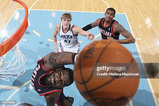 Greg Oden of the Portland Trail Blazers goes up for the rebound against the Utah Jazz at EnergySolutions Arena on November 28, 2009 in Salt Lake...