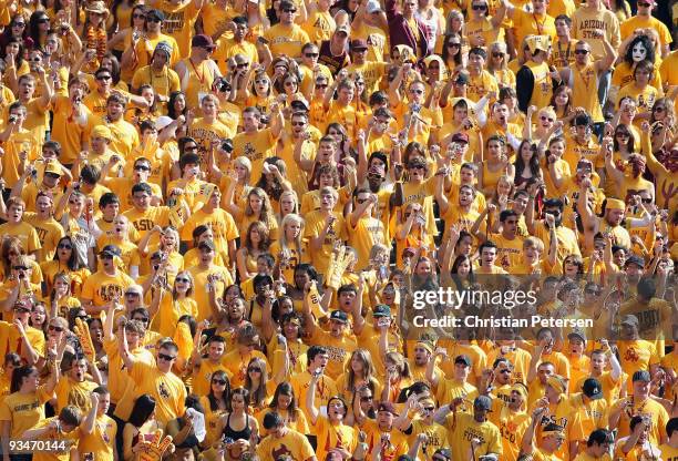 Fans of the Arizona State Sun Devils cheer during the college football game against the Arizona Wildcats at Sun Devil Stadium on November 28, 2009 in...