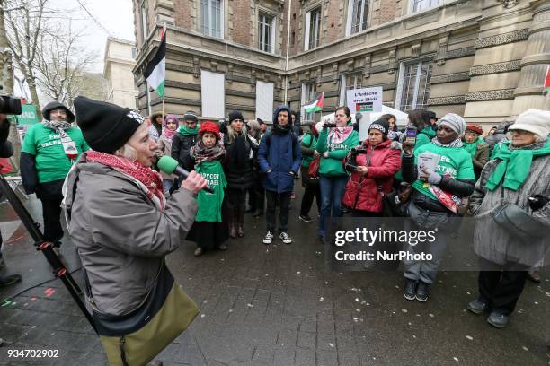 French political activist Olivia Zemor speaks during a demonstration on March 19 in front of the court of Versailles, near Paris. Zemor is the...