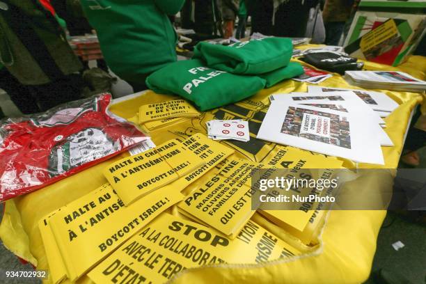 Shirts and stickers in support of Palestine during a demonstration on March 19 in front of the court of Versailles, near Paris, in support of French...