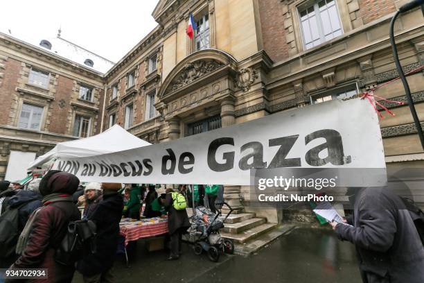 Banner reading « No to the Gaza Blockade » during a demonstration on March 19 in front of the court of Versailles, near Paris, in support of French...