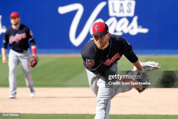 Neil Ramirez of the Indians delivers a pitch during a game between the Chicago Cubs and Cleveland Indians as part of Big League Weekend on March 18,...