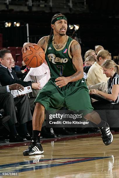 Majic Dorsey of the Reno Bighorns looks for a pass against the Idaho Stampede at Qwest Arena on November 28, 2009 in Boise, Idaho. NOTE TO USER: User...