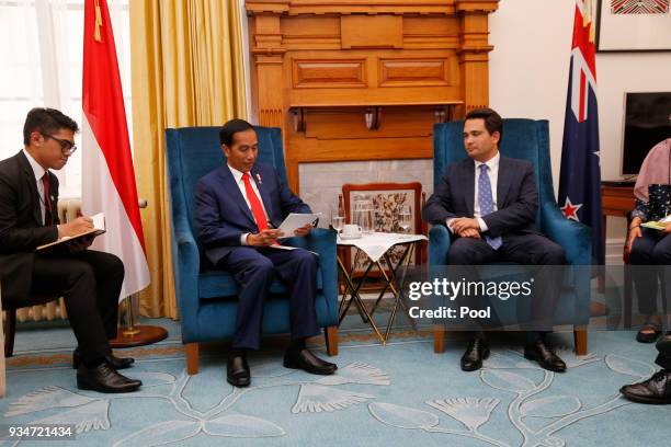 Indonesian President Joko Widodo and National Party Leader Simon Bridges attend their meeting on March 19, 2018 in Wellington, New Zealand. President...