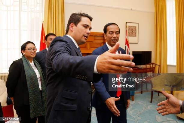 Indonesian President Joko Widodo is greeted by National Party Leader Simon Bridges on March 19, 2018 in Wellington, New Zealand. President Widodo's...