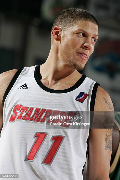 Roberto Bergersen of the Idaho Stampede reacts to a teammate during a stop in play against the Reno Bighorns at Qwest Arena on November 28, 2009 in...