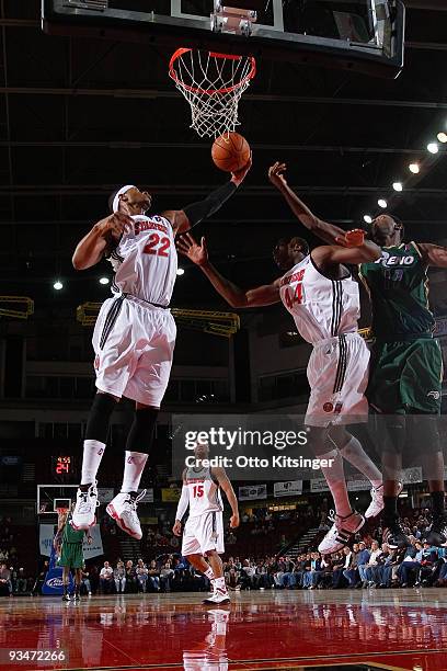 Mildon Ambres of the Idaho Stampede pulls down a rebound against the Reno Bighorns at Qwest Arena on November 28, 2009 in Boise, Idaho. NOTE TO USER:...