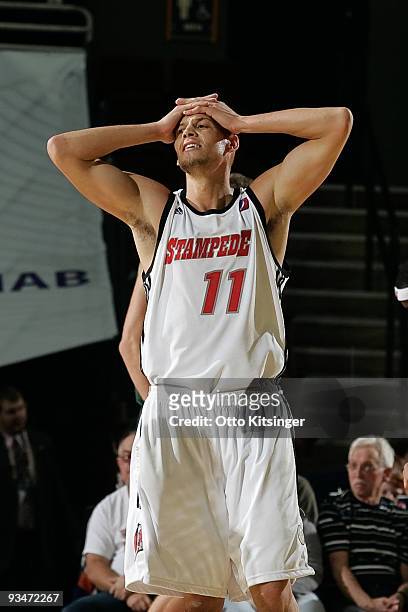 Roberto Bergersen of the Idaho Stampede reacts to a called foul against a teammate during the game against the Reno Bighorns at Qwest Arena on...