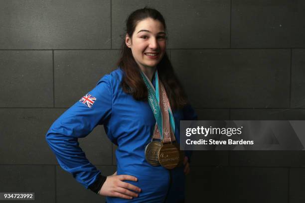 Medalist Menna Fitzpatrick poses with her respective medals as Team ParalympicsGB arrive back from the PyeongChang 2018 Paralympic Winter Games at...