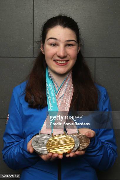 Medalist Menna Fitzpatrick poses with her respective medals as Team ParalympicsGB arrive back from the PyeongChang 2018 Paralympic Winter Games at...